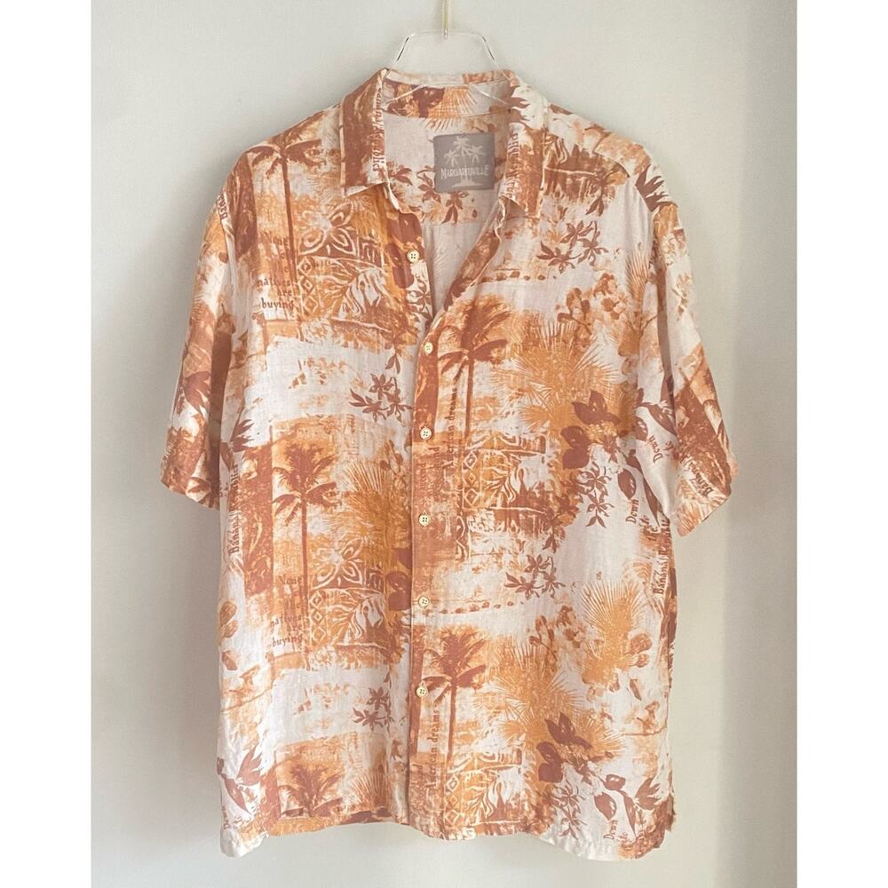 Margaritaville Silk Linen Hawaiian Shirt Palm Tree Print Aloha Rust Cream Sz XL - Picture 8 of 8